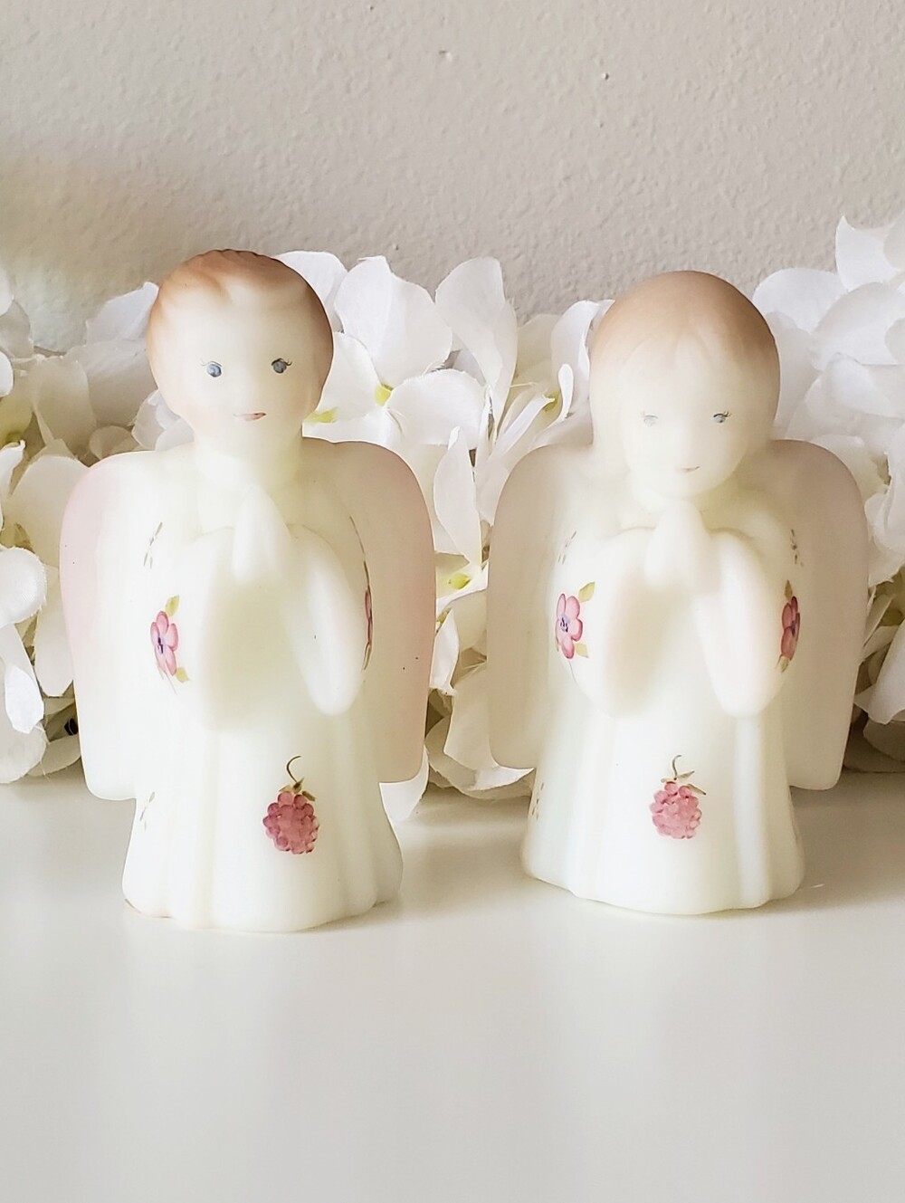 Stunning Vintage Fenton Hand-Painted Glass Angel Figurines Set of 2